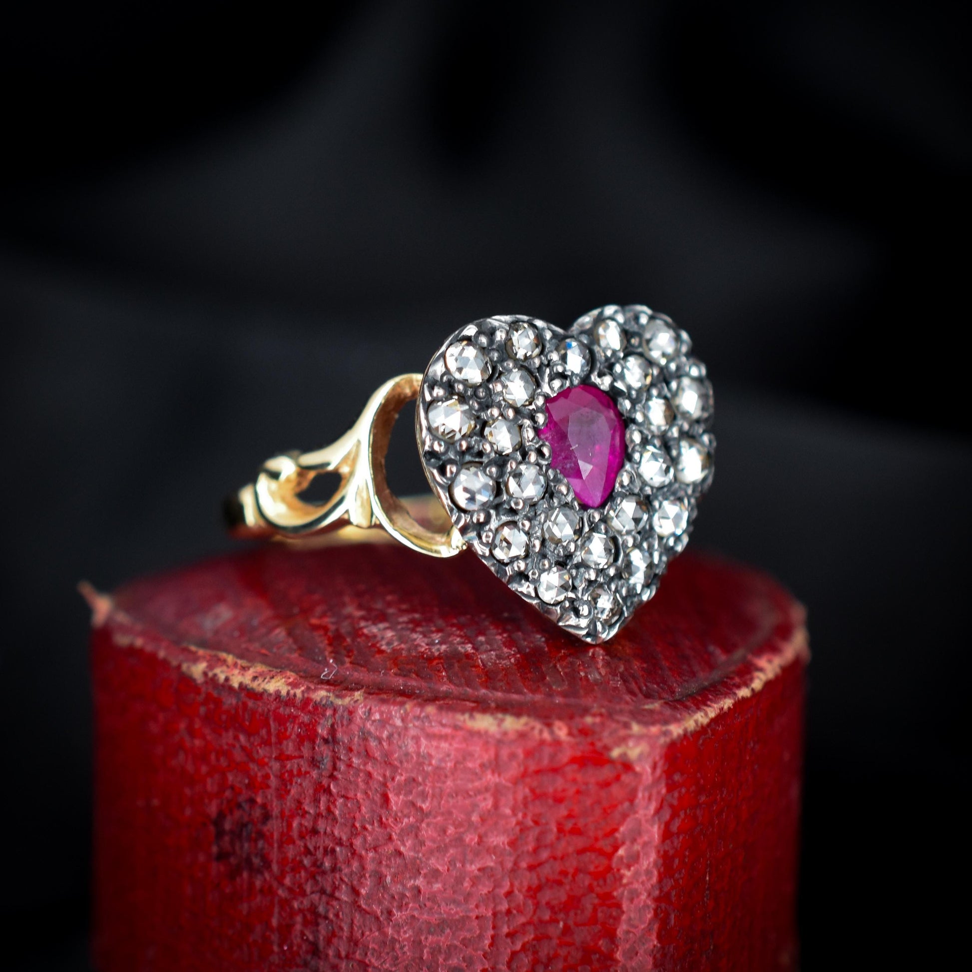 Ruby and Rose cut Diamond Heart 18ct Gold Ring Antique Style