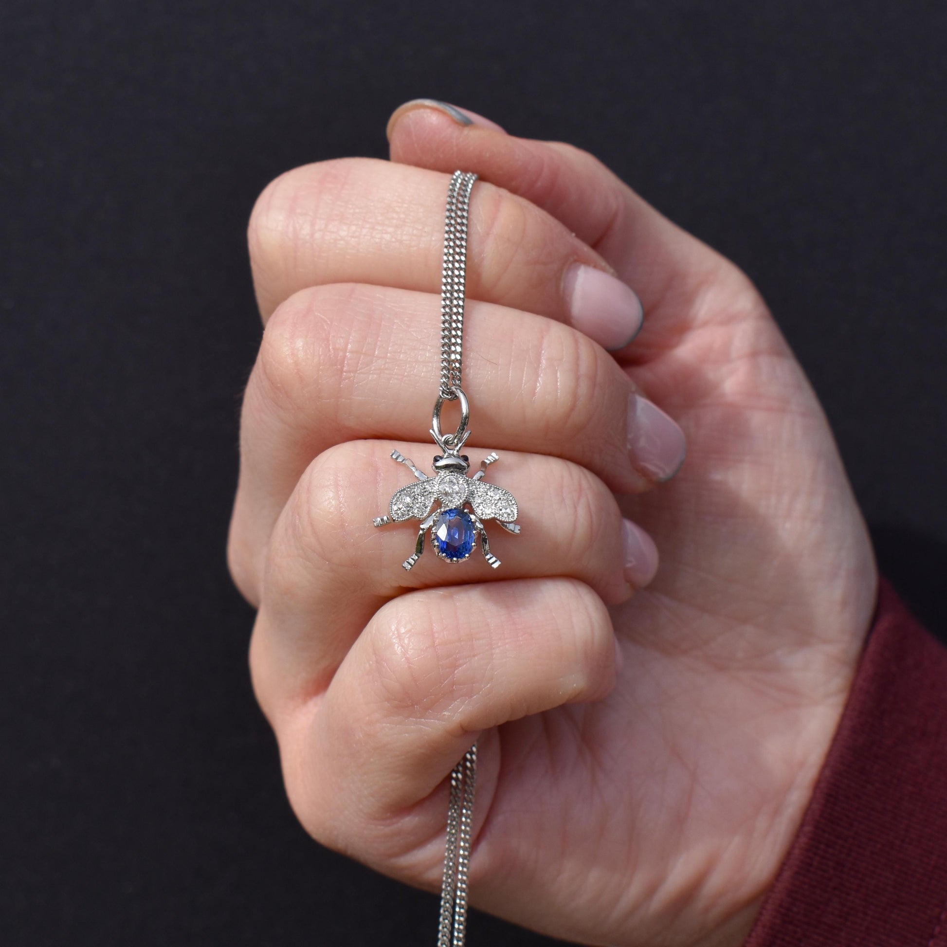 Sapphire and Diamond Platinum Insect Bee Pendant