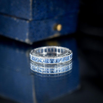 Art Deco Style 1.7ct Ceylon Sapphire Platinum Full Eternity Wedding Band Ring | Size 5