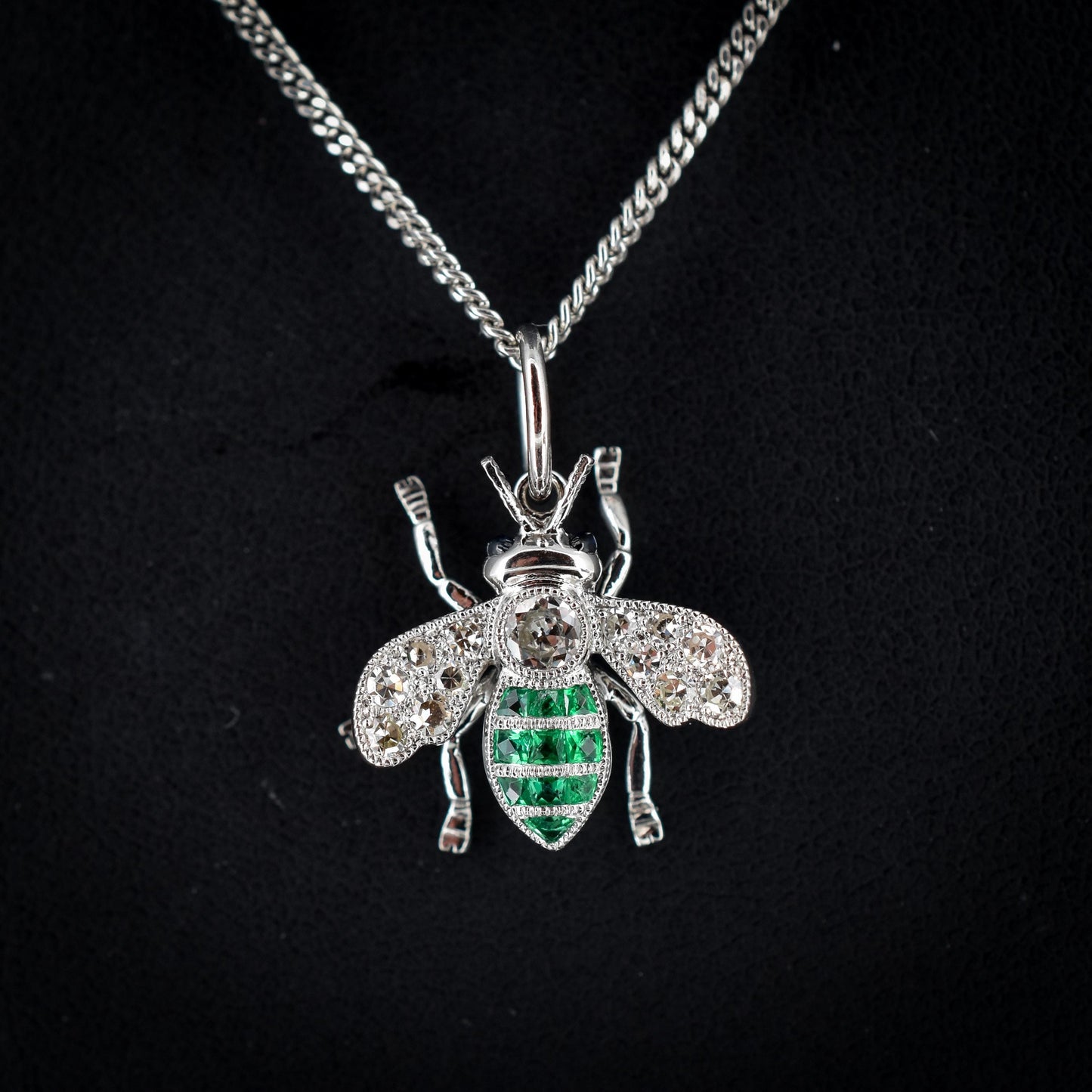 French Cut Emerald and Diamond Platinum Insect Bee Pendant