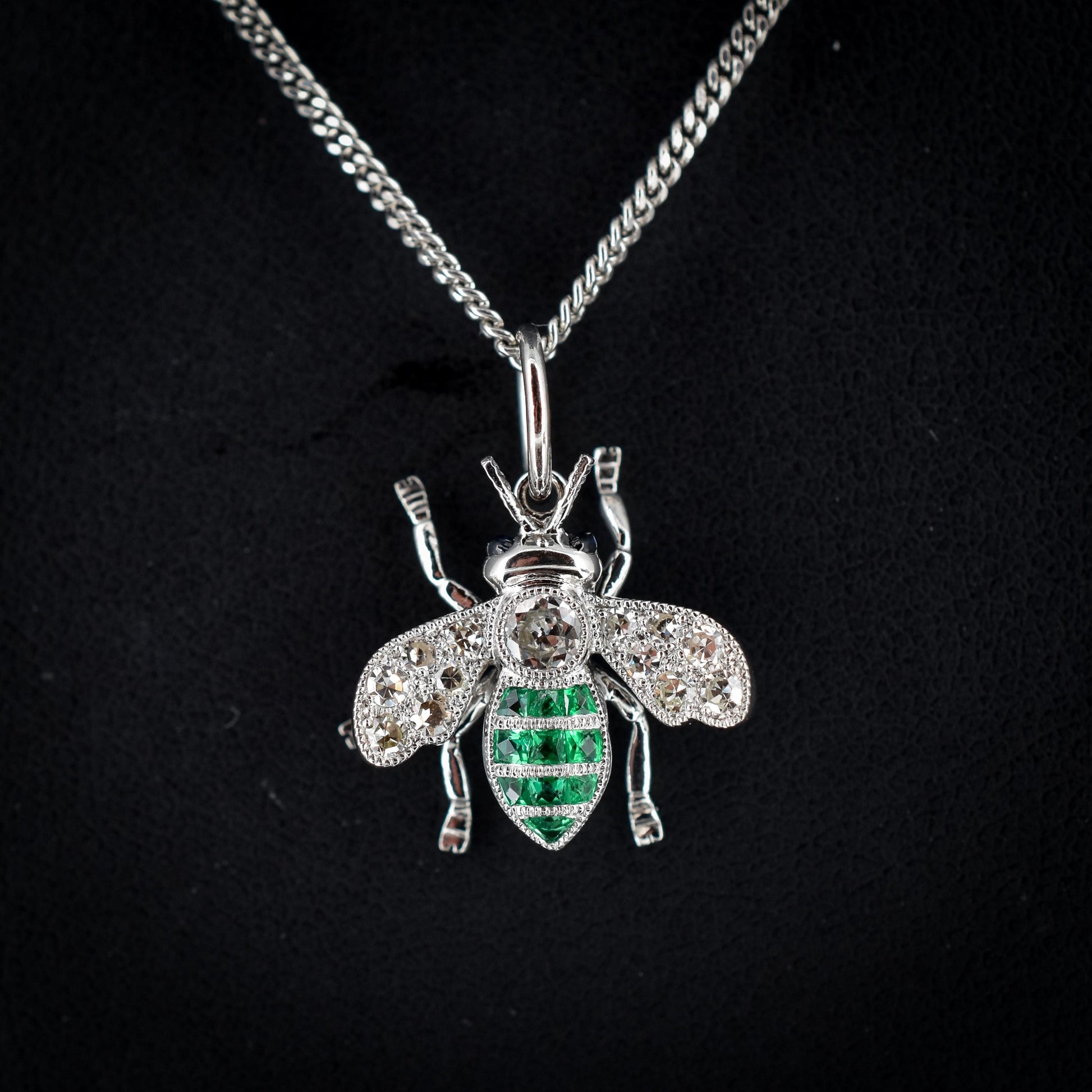 French Cut Emerald and Diamond Platinum Insect Bee Pendant