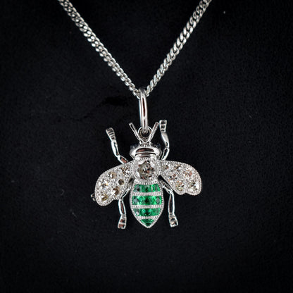 French Cut Emerald and Diamond Platinum Insect Bee Pendant