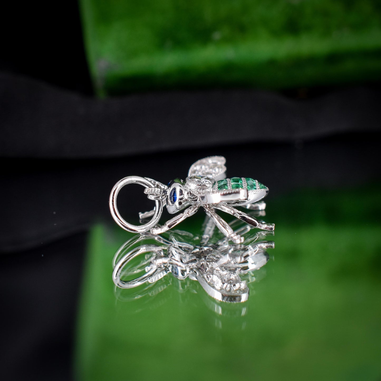 French Cut Emerald and Diamond Platinum Insect Bee Pendant