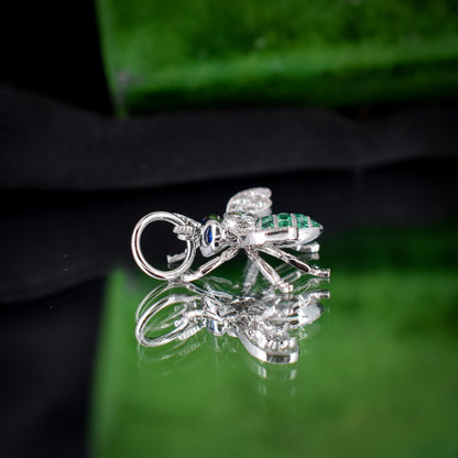 French Cut Emerald and Diamond Platinum Insect Bee Pendant