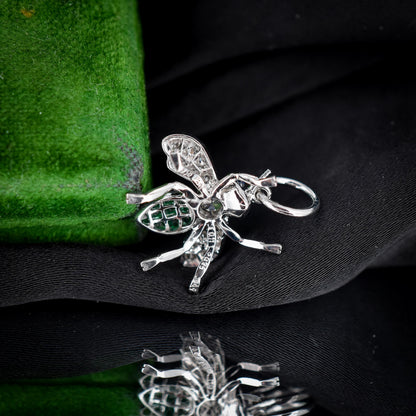 French Cut Emerald and Diamond Platinum Insect Bee Pendant