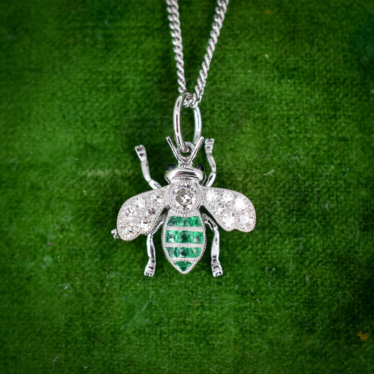 French Cut Emerald and Diamond Platinum Insect Bee Pendant
