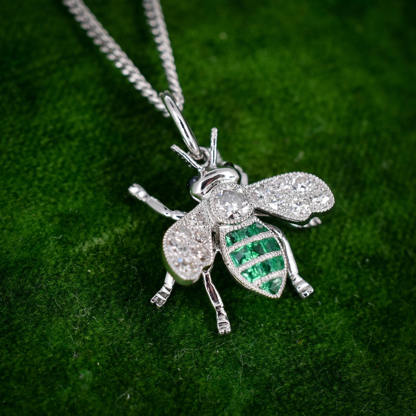French Cut Emerald and Diamond Platinum Insect Bee Pendant
