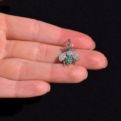 French Cut Emerald and Diamond Platinum Insect Bee Pendant