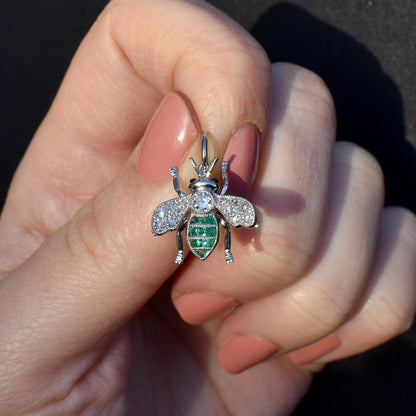 French Cut Emerald and Diamond Platinum Insect Bee Pendant