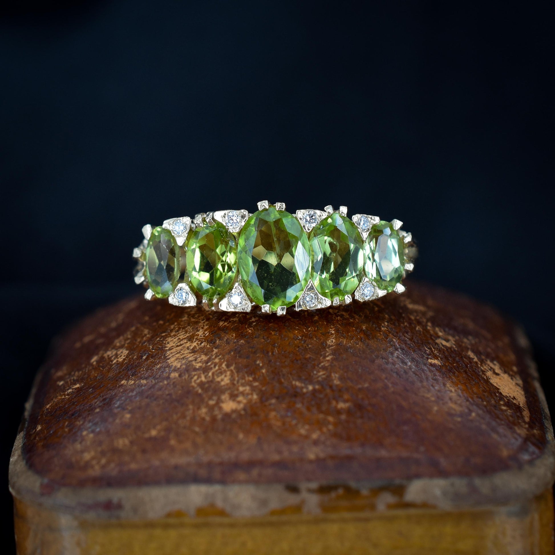 Peridot and Diamond Five Stone 9ct Yellow Gold Scroll Ring Band | Antique Style