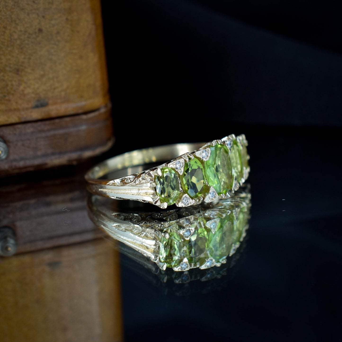 Peridot and Diamond Five Stone 9ct Yellow Gold Scroll Ring Band | Antique Style