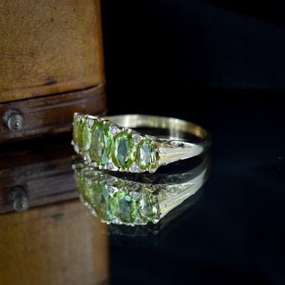 Peridot and Diamond Five Stone 9ct Yellow Gold Scroll Ring Band | Antique Style