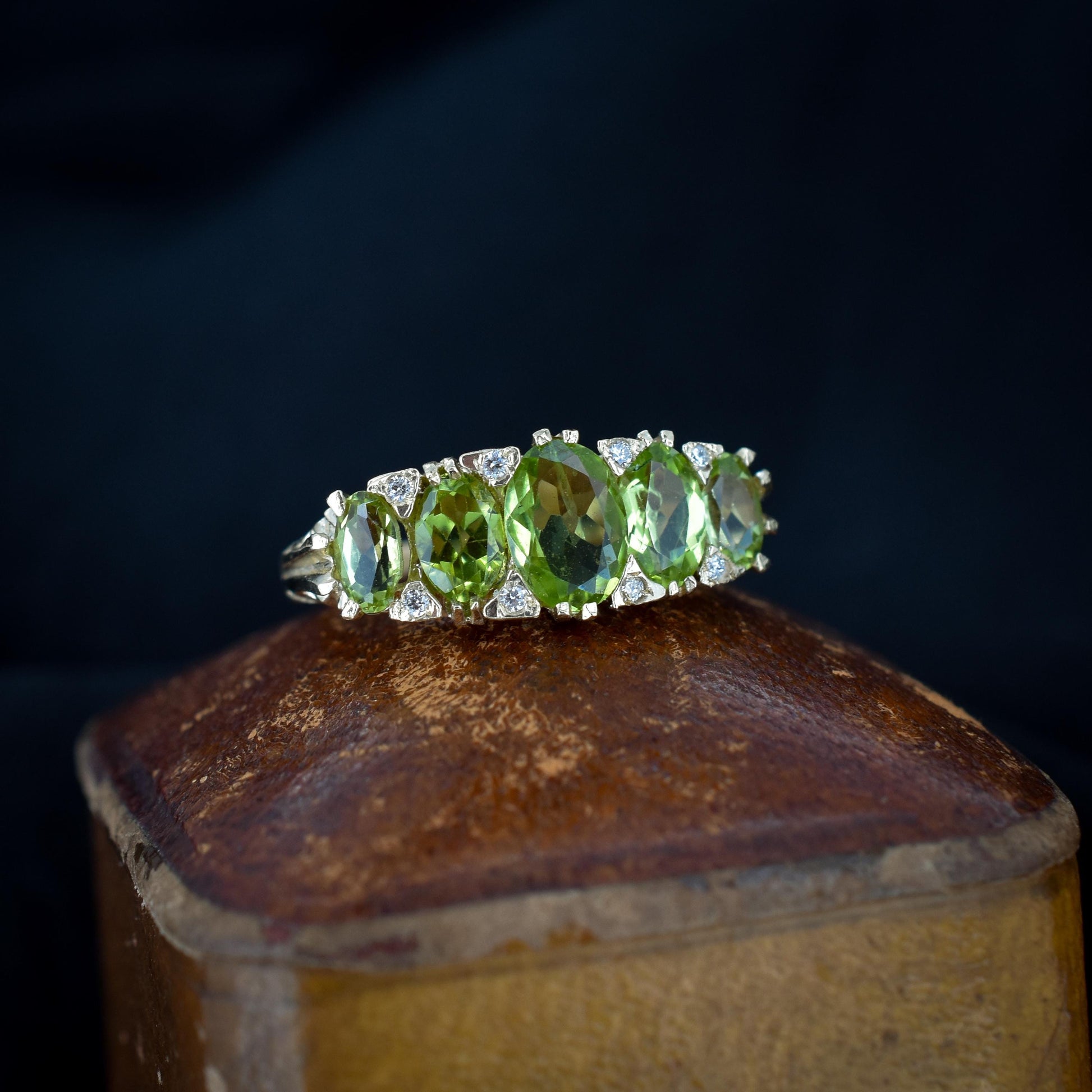 Peridot and Diamond Five Stone 9ct Yellow Gold Scroll Ring Band | Antique Style