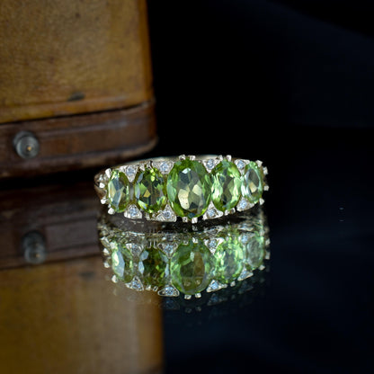 Peridot and Diamond Five Stone 9ct Yellow Gold Scroll Ring Band | Antique Style