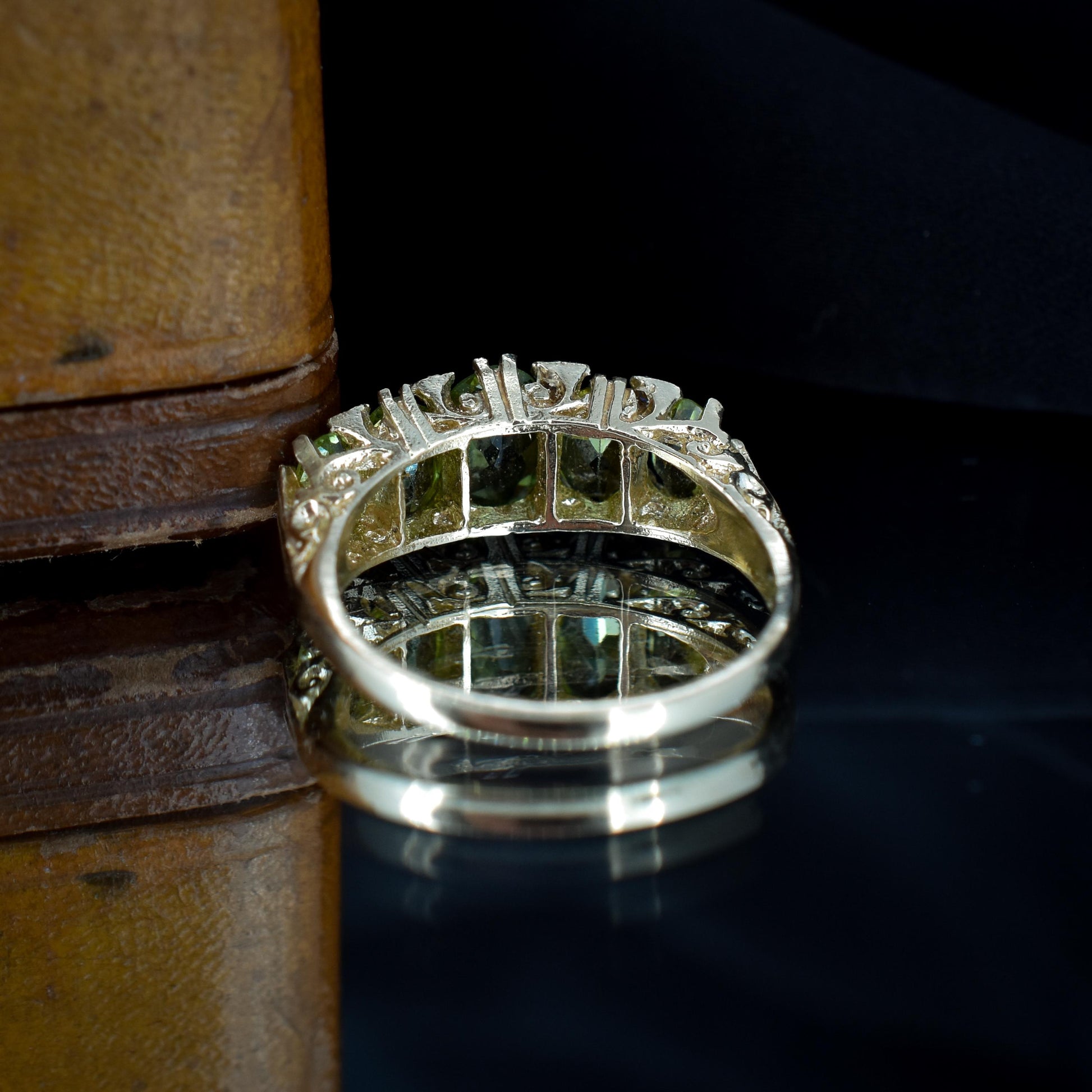 Peridot and Diamond Five Stone 9ct Yellow Gold Scroll Ring Band | Antique Style