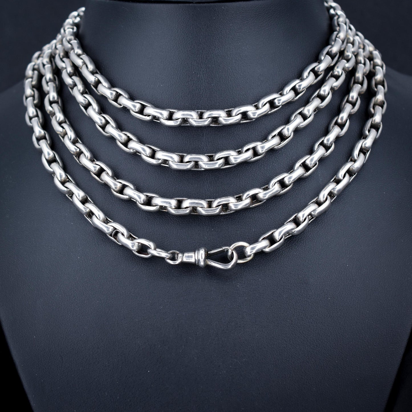 Antique Heavy Silver Long Guard Muff Chain Necklace with Dog Clip | 59" Length