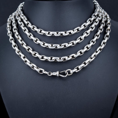 Antique Heavy Silver Long Guard Muff Chain Necklace with Dog Clip | 59" Length