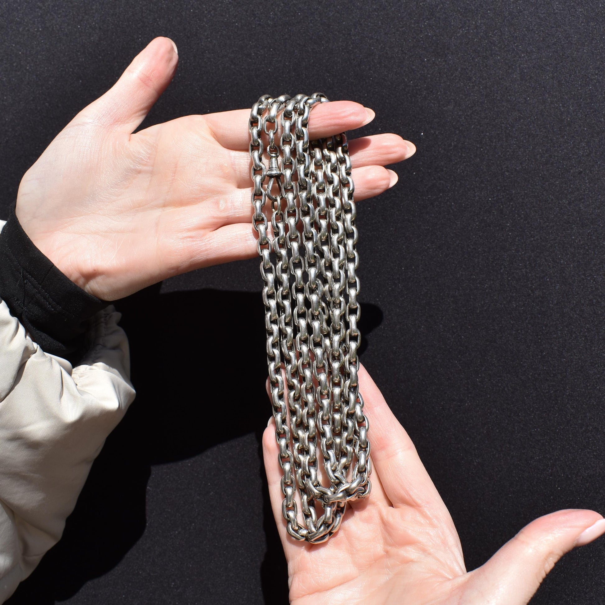 Antique Heavy Silver Long Guard Muff Chain Necklace with Dog Clip | 59" Length