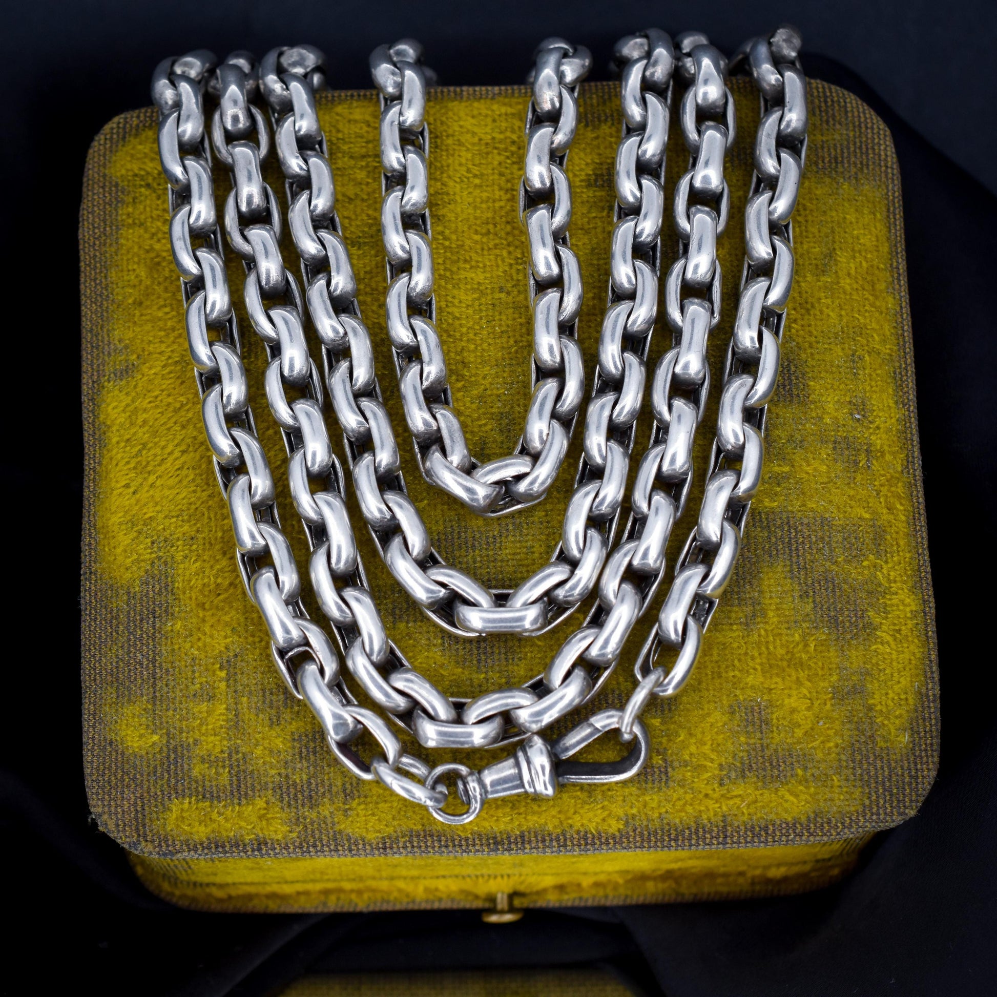 Antique Heavy Silver Long Guard Muff Chain Necklace with Dog Clip | 59" Length