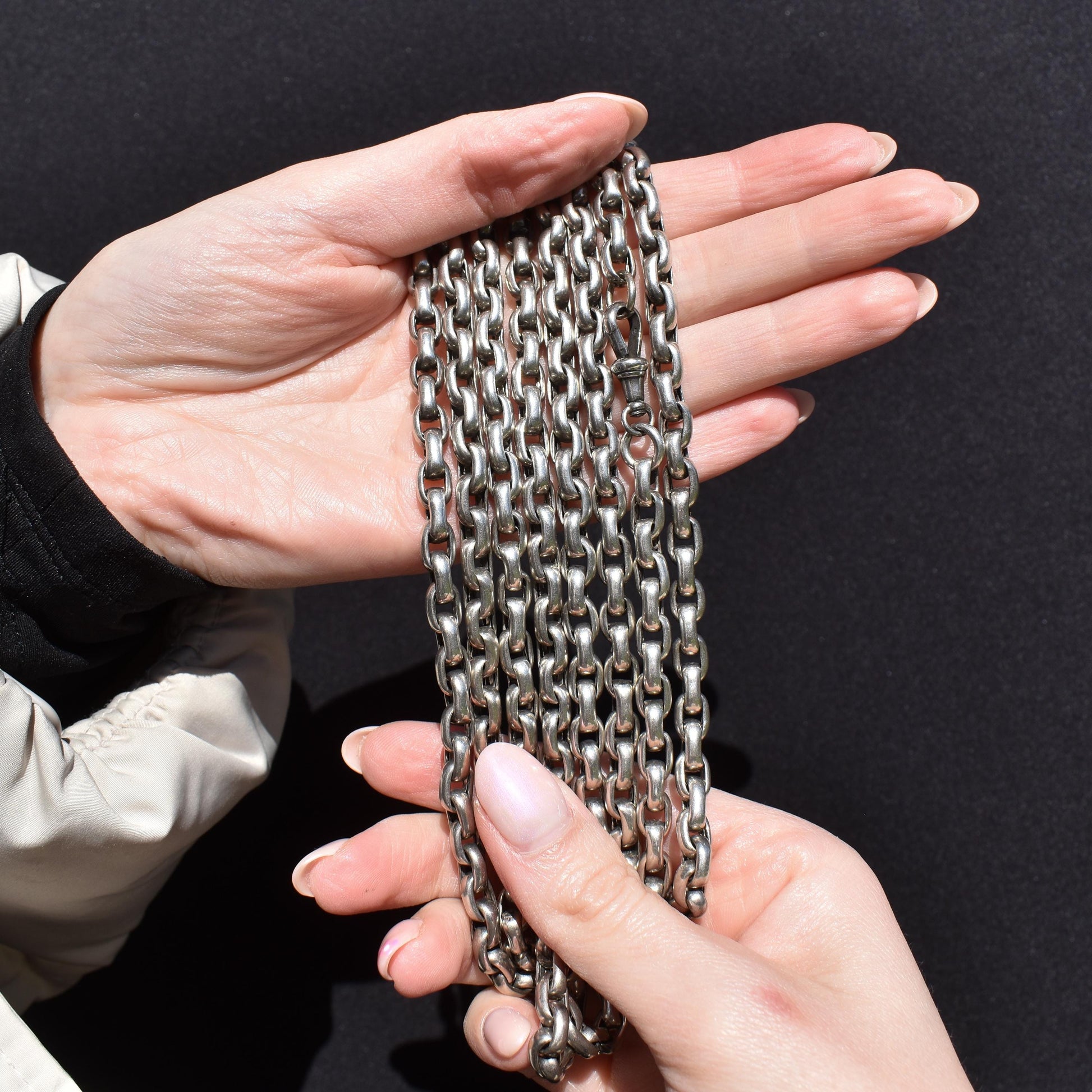 Antique Heavy Silver Long Guard Muff Chain Necklace with Dog Clip | 59" Length