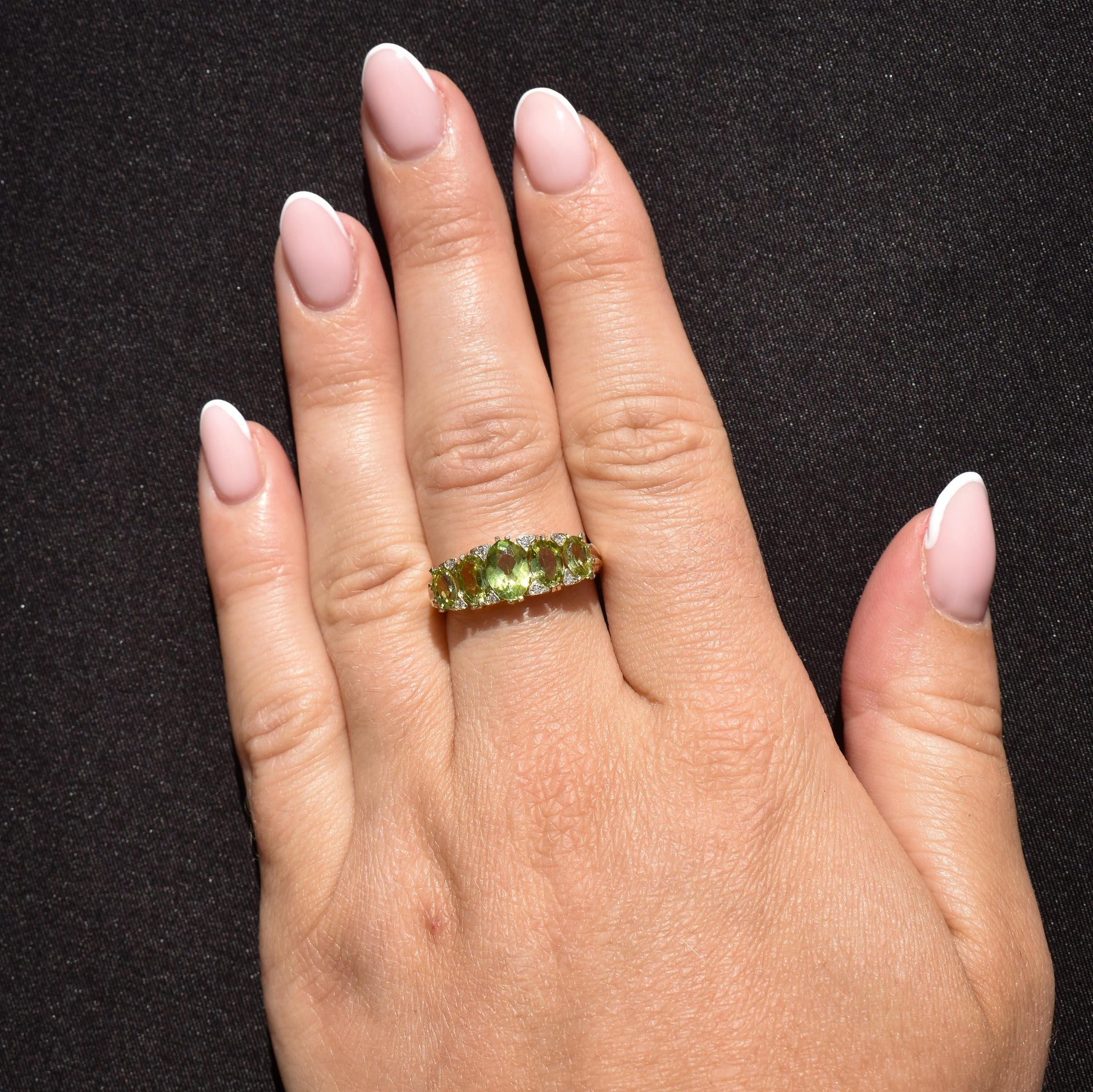 Peridot and Diamond Five Stone 9ct Yellow Gold Scroll Ring Band | Antique Style