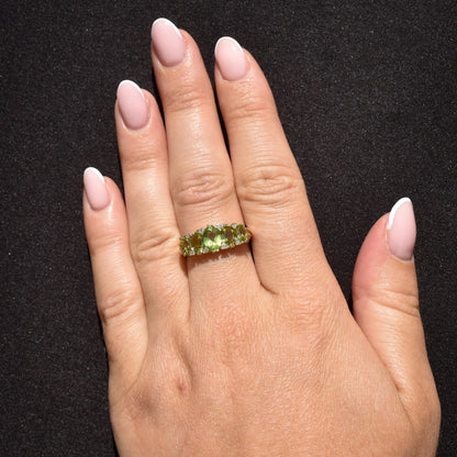 Peridot and Diamond Five Stone 9ct Yellow Gold Scroll Ring Band | Antique Style