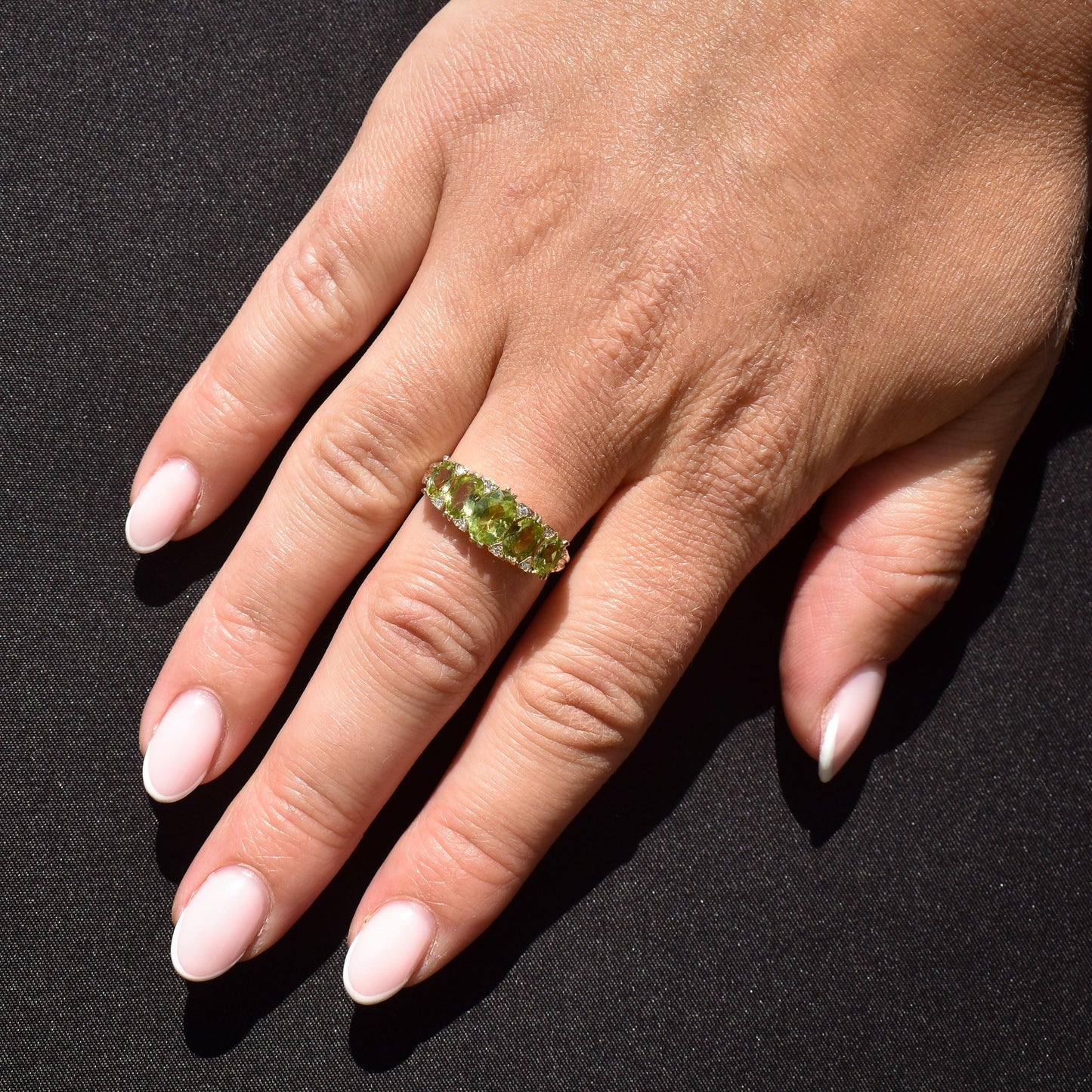 Peridot and Diamond Five Stone 9ct Yellow Gold Scroll Ring Band | Antique Style