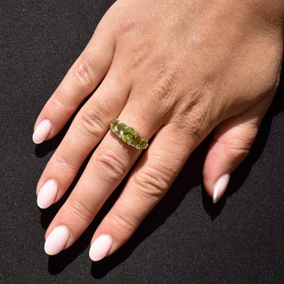 Peridot and Diamond Five Stone 9ct Yellow Gold Scroll Ring Band | Antique Style
