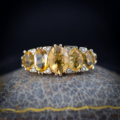 Citrine and Diamond Five Stone 9ct Yellow Gold Scroll Ring Band | Antique Style