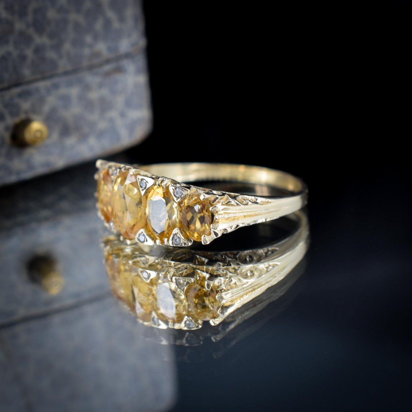 Citrine and Diamond Five Stone 9ct Yellow Gold Scroll Ring Band | Antique Style