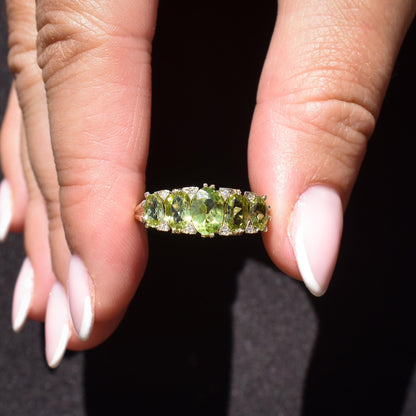 Peridot and Diamond Five Stone 9ct Yellow Gold Scroll Ring Band | Antique Style