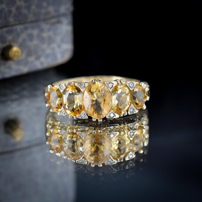 Citrine and Diamond Five Stone 9ct Yellow Gold Scroll Ring Band | Antique Style