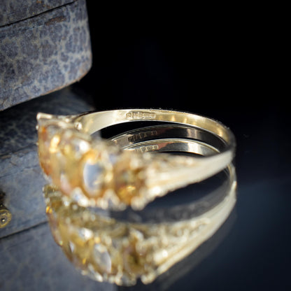 Citrine and Diamond Five Stone 9ct Yellow Gold Scroll Ring Band | Antique Style