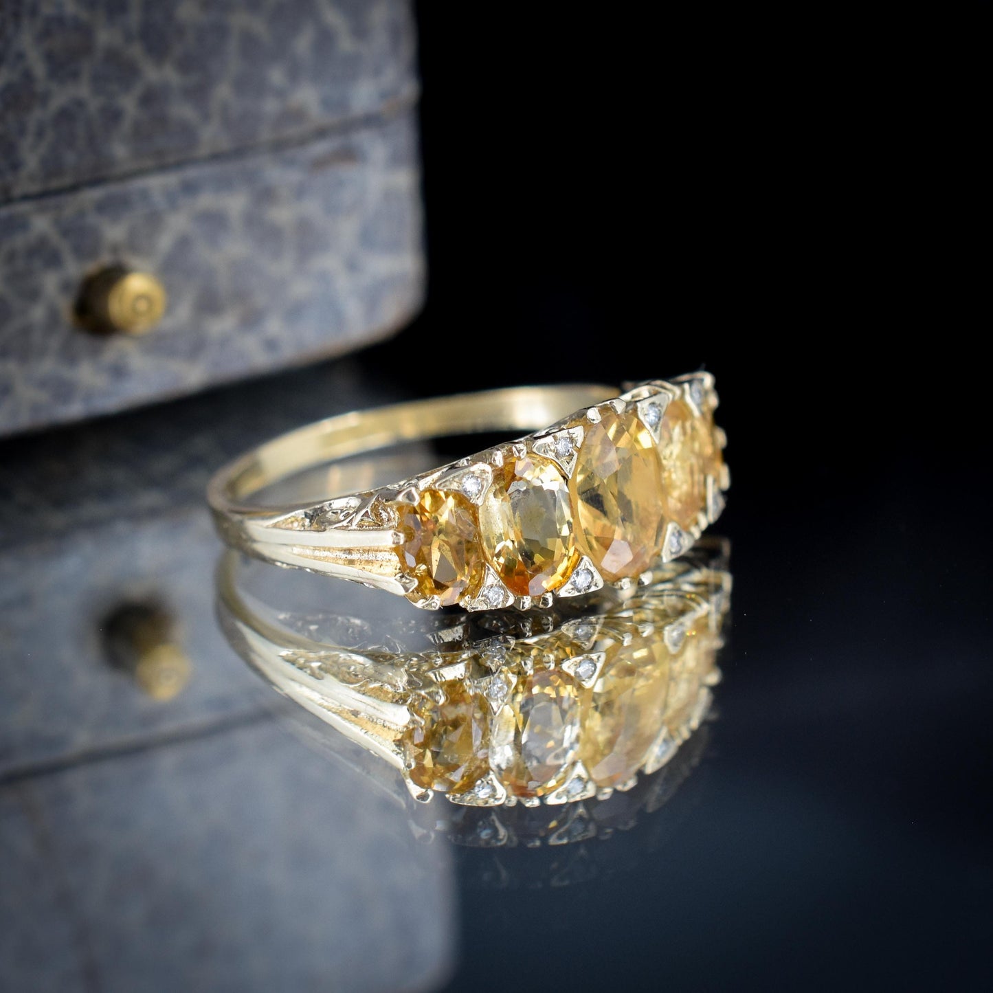 Citrine and Diamond Five Stone 9ct Yellow Gold Scroll Ring Band | Antique Style