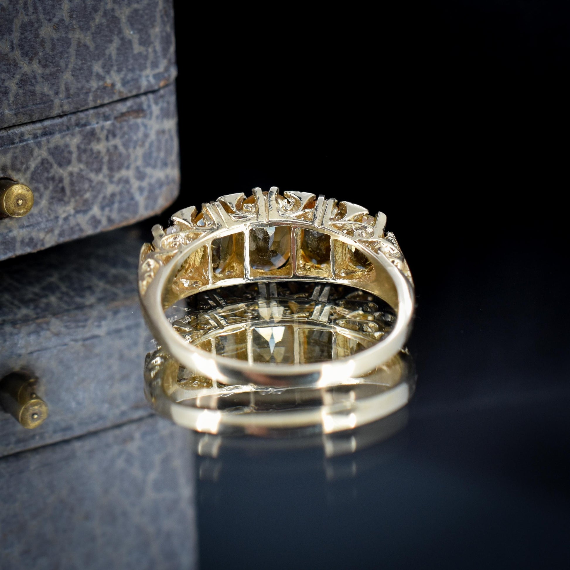 Citrine and Diamond Five Stone 9ct Yellow Gold Scroll Ring Band | Antique Style
