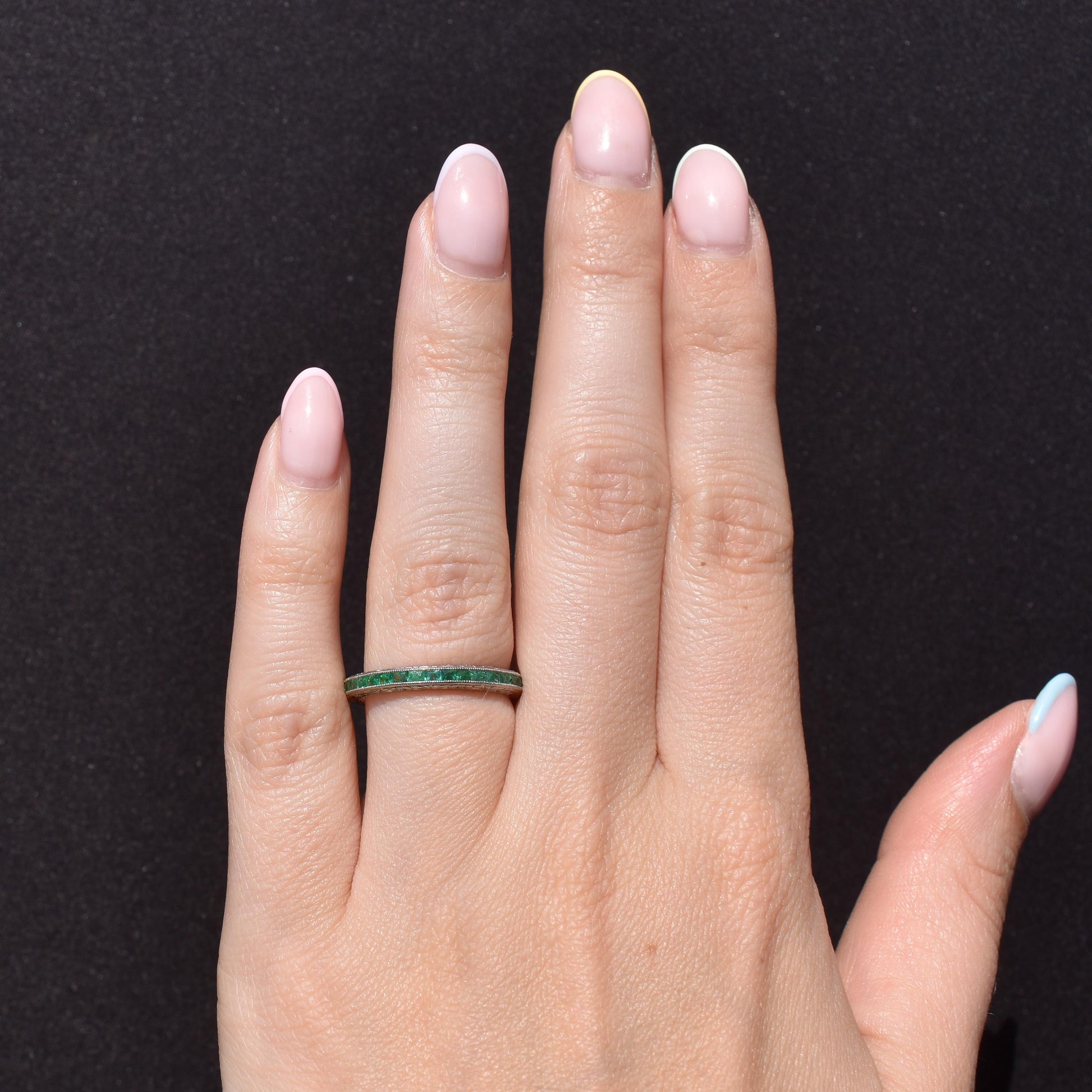 Art Deco Style 0.70ct French Cut Emerald Platinum Full Eternity Wedding Band Ring
