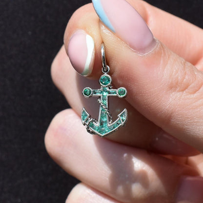 0.35ct Emerald Anchor Rope Nautical Platinum Charm Pendant