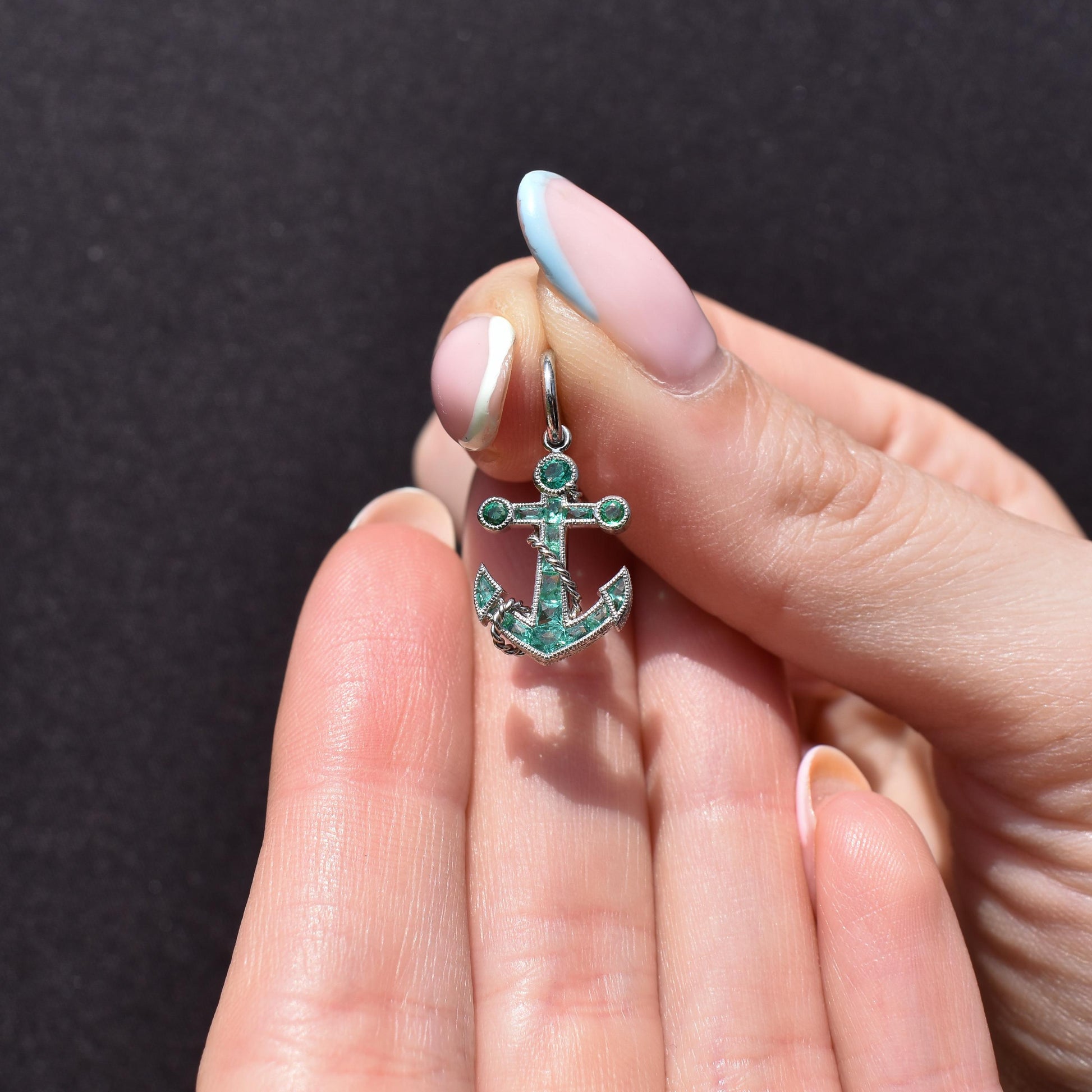 0.35ct Emerald Anchor Rope Nautical Platinum Charm Pendant