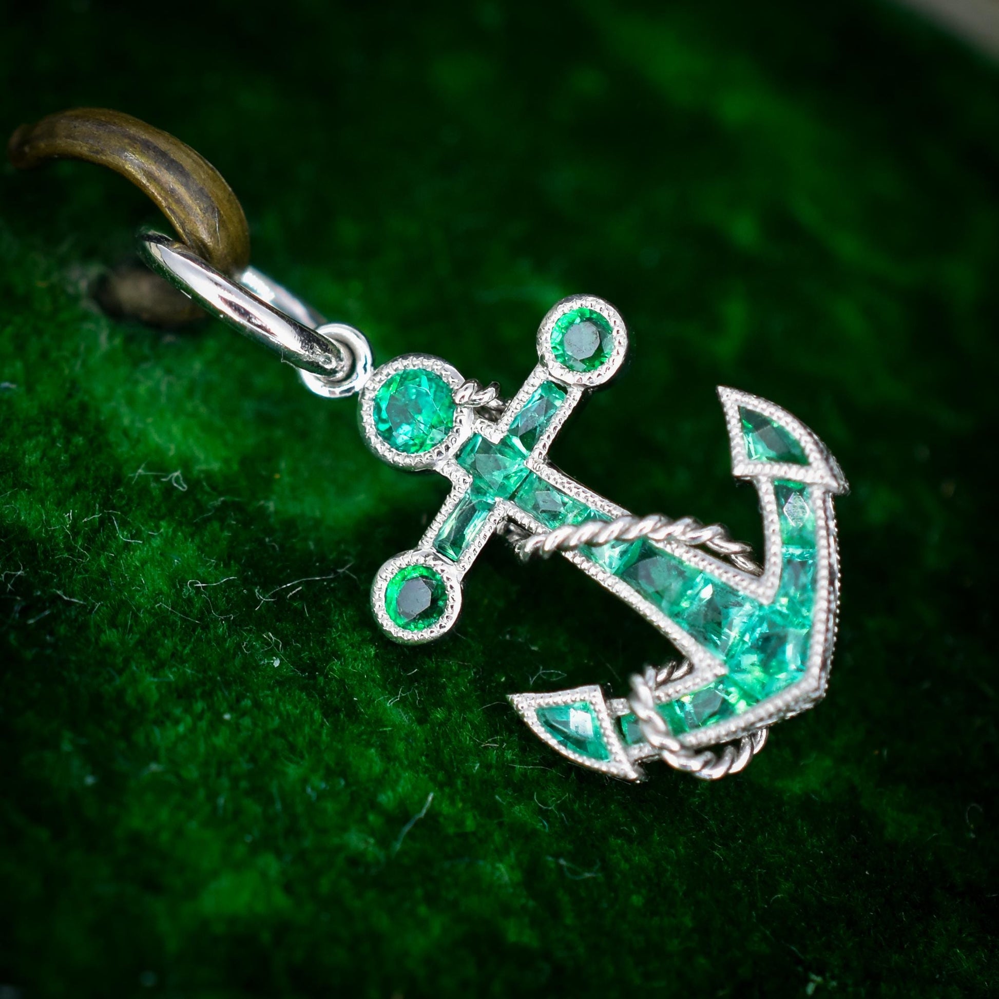 0.35ct Emerald Anchor Rope Nautical Platinum Charm Pendant