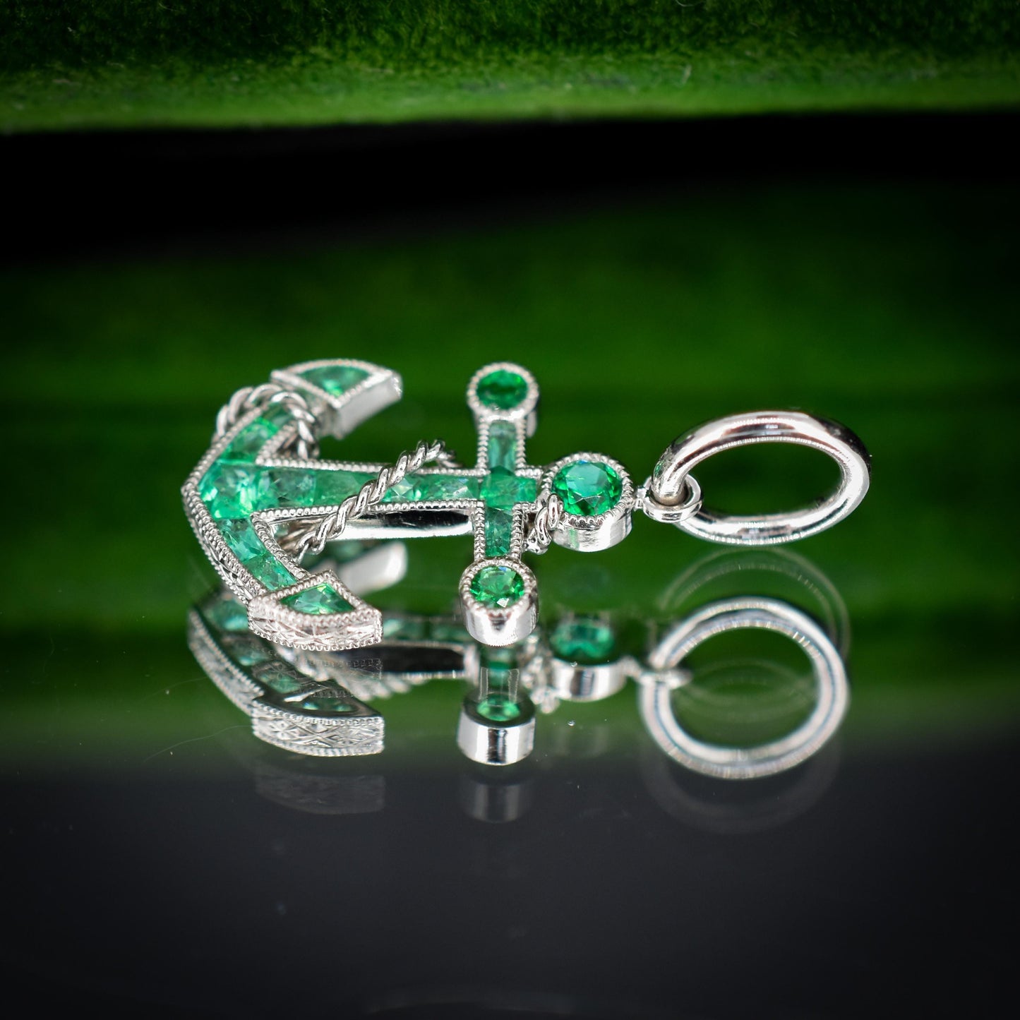 0.35ct Emerald Anchor Rope Nautical Platinum Charm Pendant