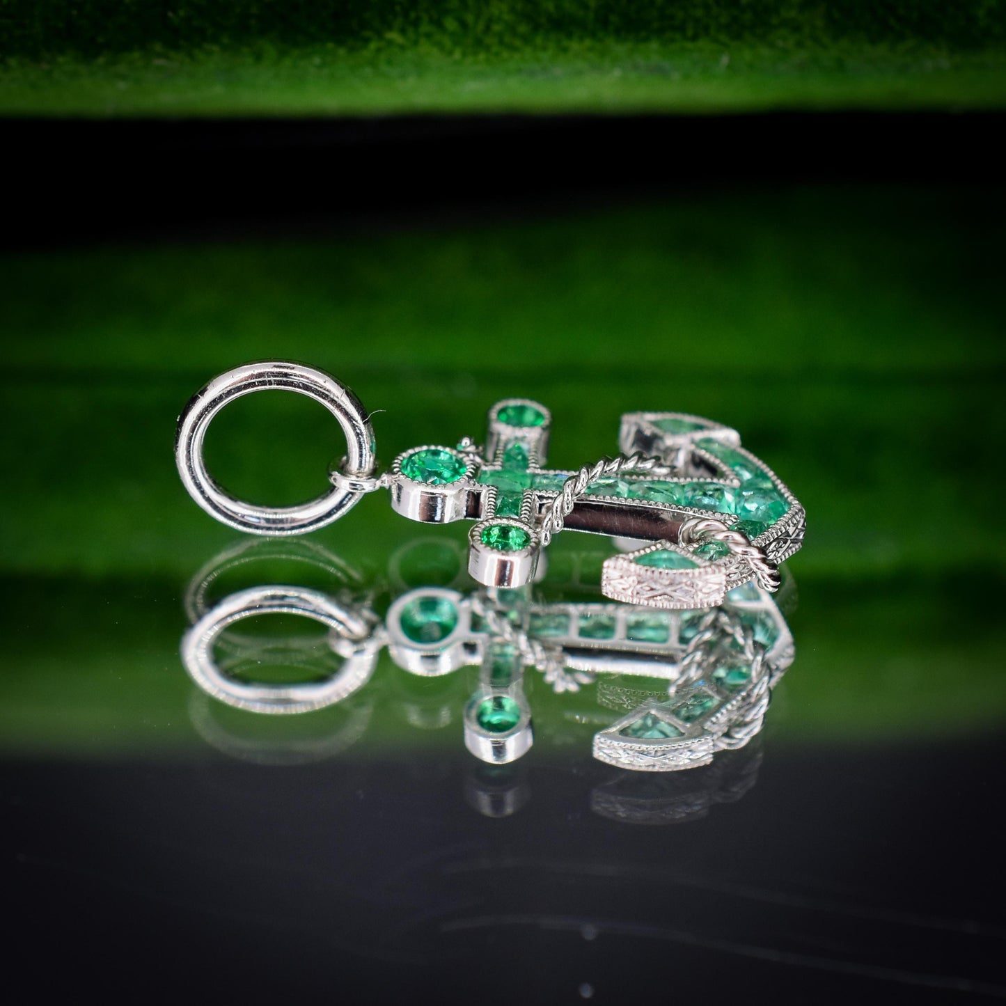 0.35ct Emerald Anchor Rope Nautical Platinum Charm Pendant