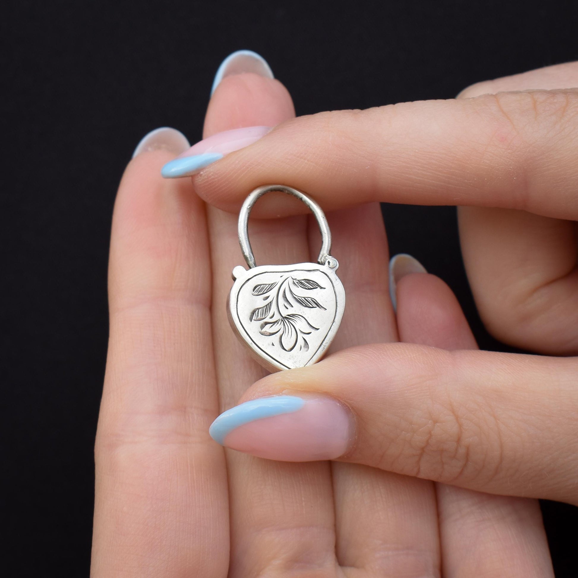 Antique Bloodstone Agate Engraved Silver Heart Padlock Pendant