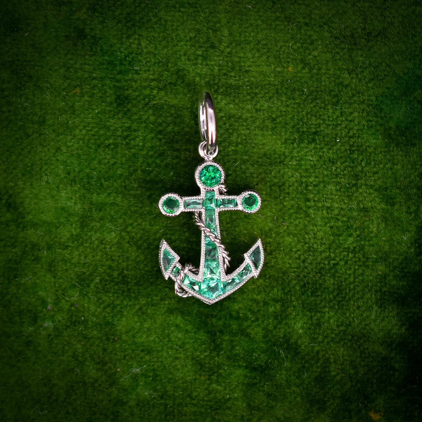 0.35ct Emerald Anchor Rope Nautical Platinum Charm Pendant