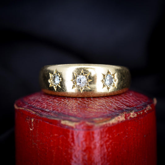 Antique Diamond Three Stone Gypsy Starburst 18ct Gold Ring
