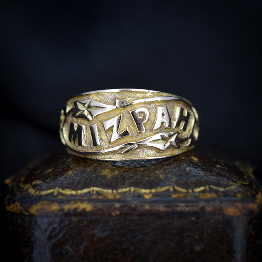 Antique Mizpah 9ct Gold Wide Engraved Ivy Band Ring | Birmingham 1895