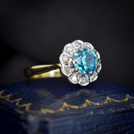 Vintage Round Blue Zircon and Diamond 18ct Yellow Gold Ring | London 1968