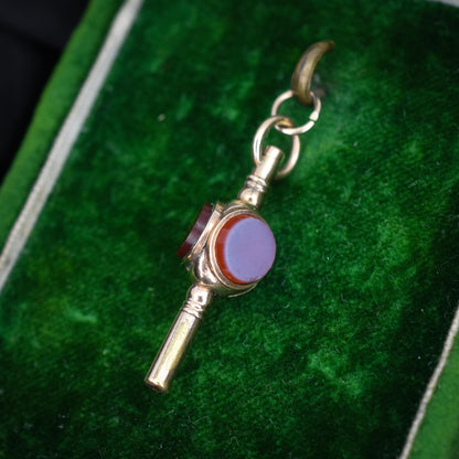 Antique 9ct Gold Sardonyx, Carnelian and Bloodstone Triple Sided Watch Key Pendant