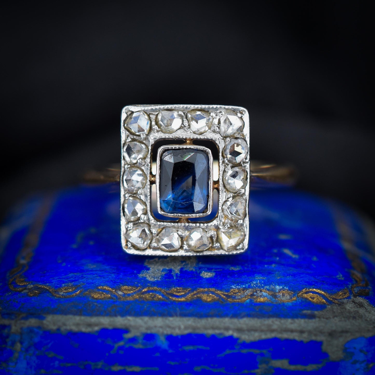 Art Deco Blue Sapphire and Rose Cut Diamond Panel Rectangle Halo 18ct Gold Ring