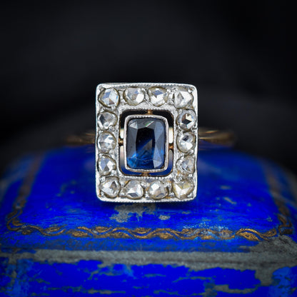 Art Deco Blue Sapphire and Rose Cut Diamond Panel Rectangle Halo 18ct Gold Ring