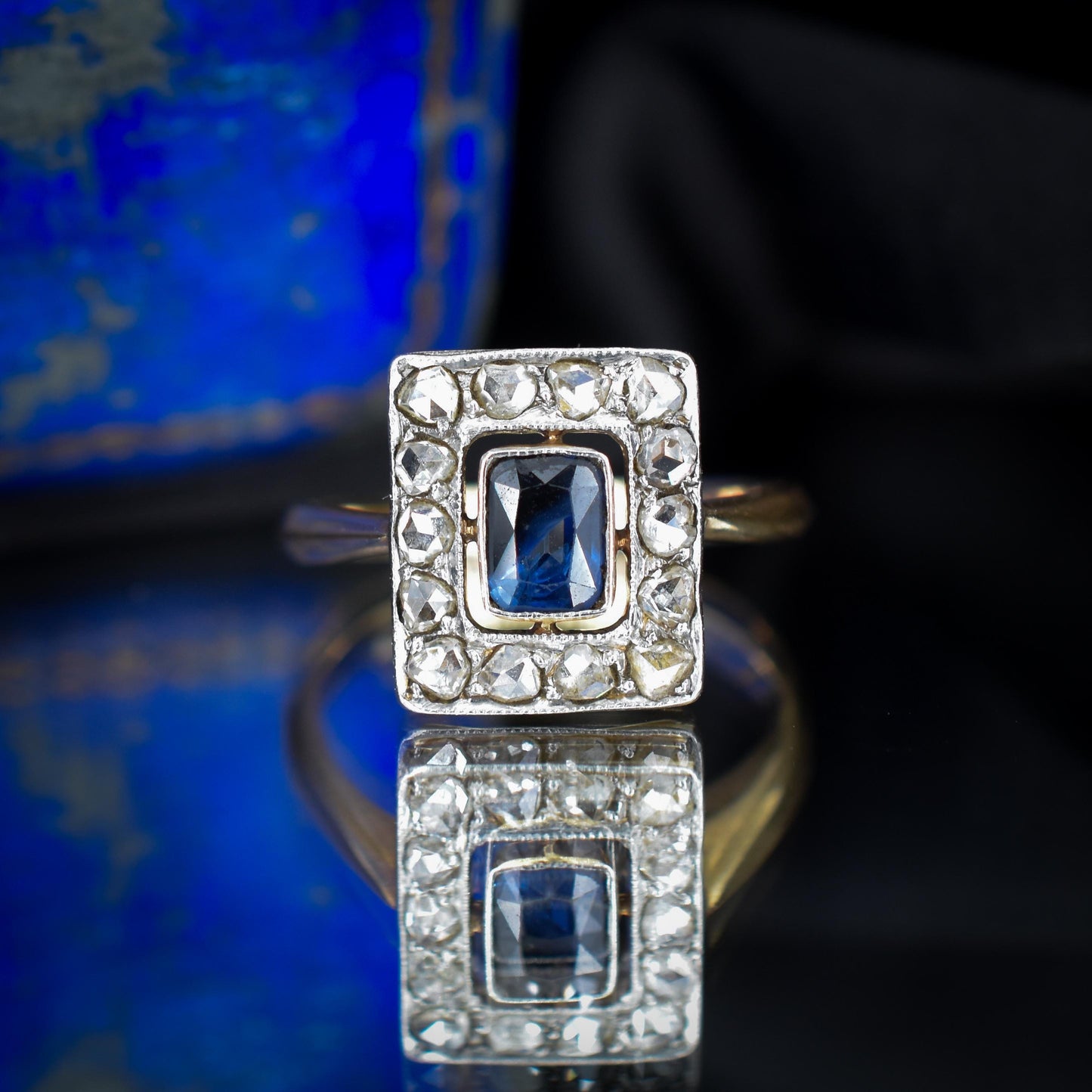 Art Deco Blue Sapphire and Rose Cut Diamond Panel Rectangle Halo 18ct Gold Ring